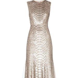 ❤️ $748 NEW!! BCBG "CHARLYZE" Pink Gold Round Neck Snake Sequin Gown; Size 10